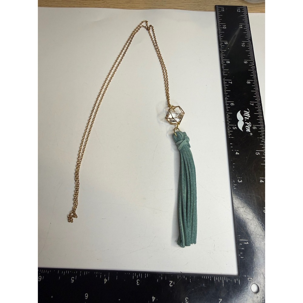 Gold Tone Cage Crystal Pendant Long Necklace with Teal Suede Tassel Boho Chic